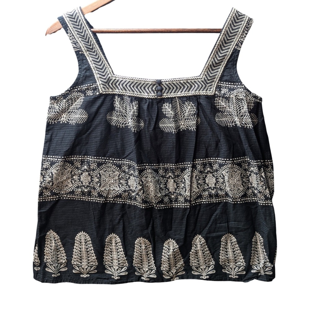 Lucky Brand Womens Black White Embroidered Cotton Square Neck Tank Top Sz S BOHO